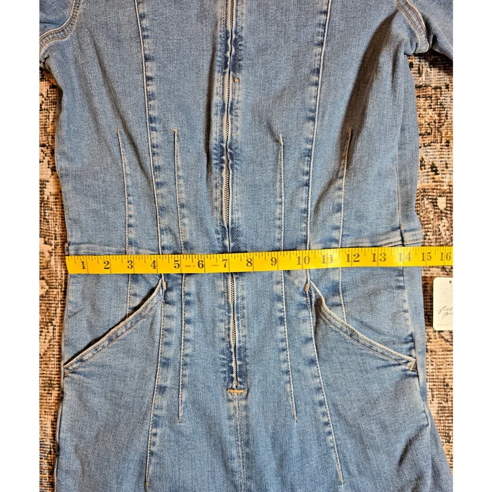 Free People We The Free Jayde Denim Jumpsuit Sunburst Blue Bell Flare L NWT